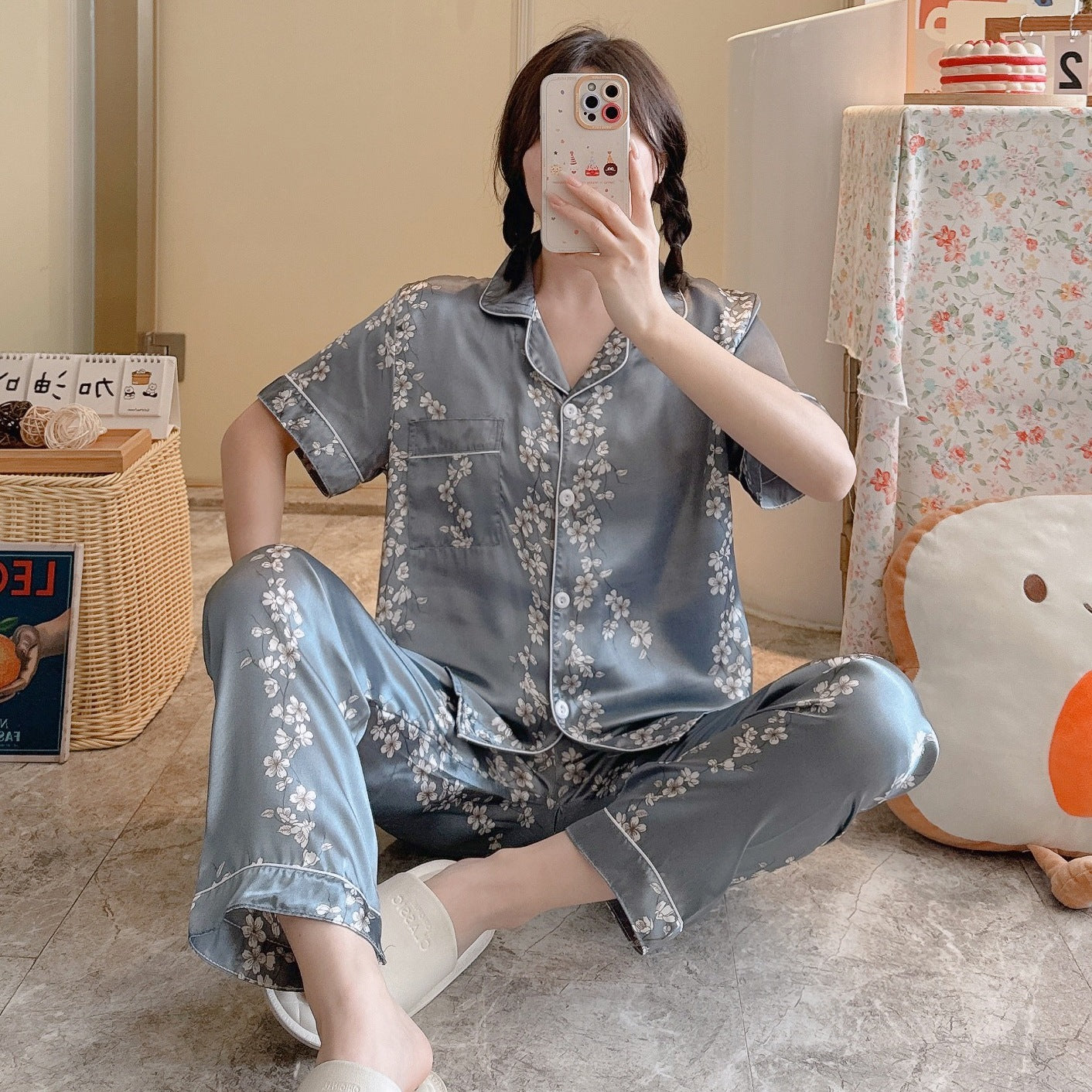 Summer Casual Short Sleeve Comfortable Lapel Ice Silk Home Wear Women